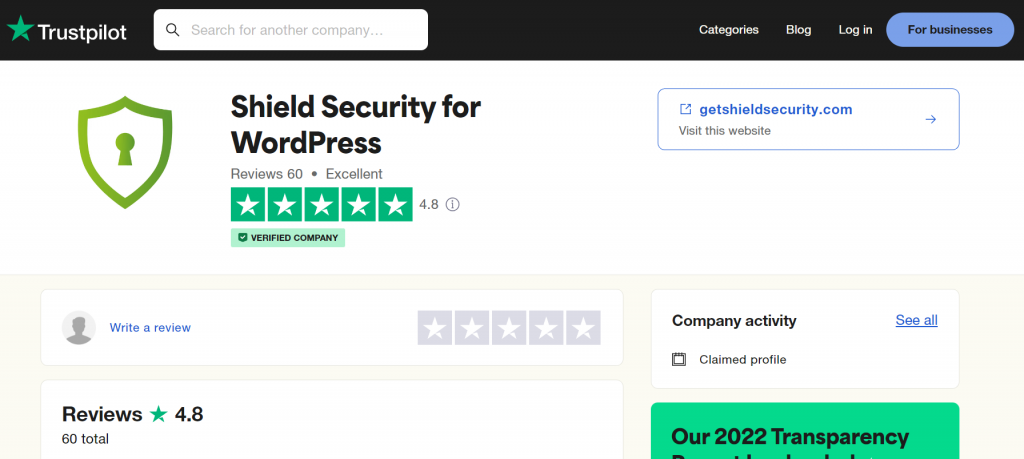 An example of a Trustpilot review page for Shield Security for WordPress plugin
