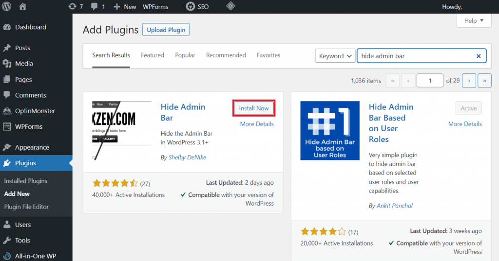 Hide Admin Bar plugin in the WordPress Add Plugins menu