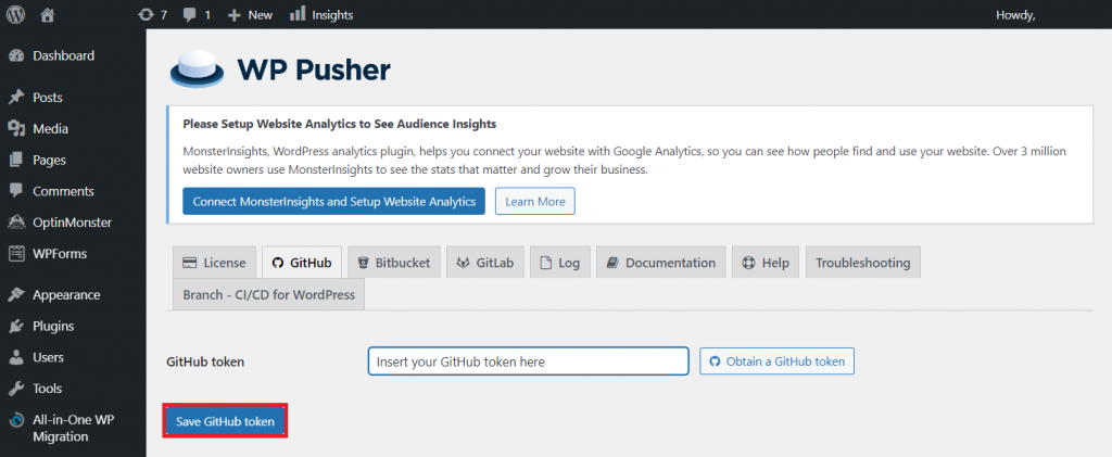 Save GitHub token to authorize WP Pusher's access of your GitHub account