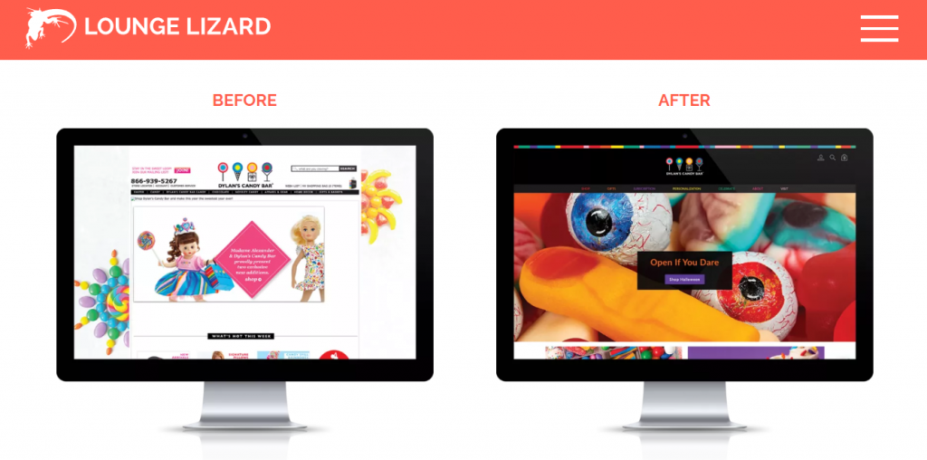 The before and after comparison of Dylan's Candy Bar homepage