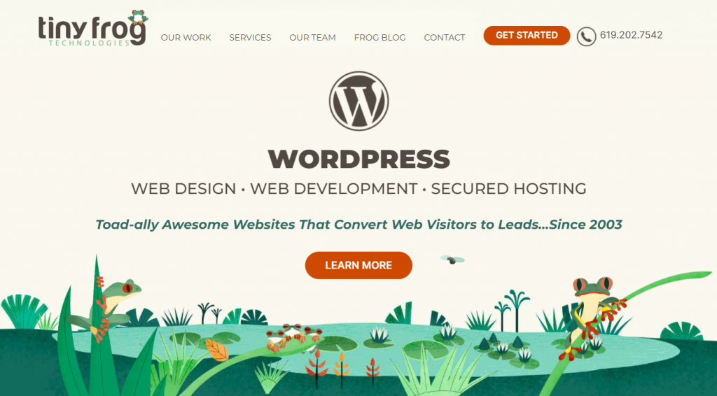 The homepage of Tiny Frog Technologies, a web design agency specializing in WordPress sites
