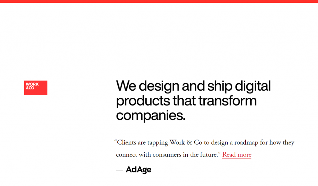 the homepage of Work & Co, one of the top web design companies for building responsive websites