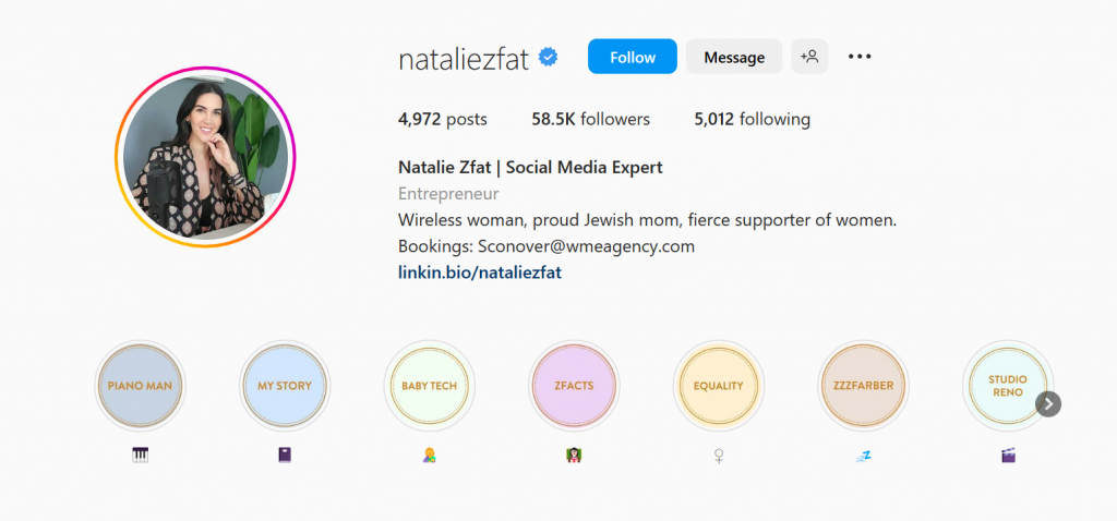 Instagram showing Natalie Zfat's profile page