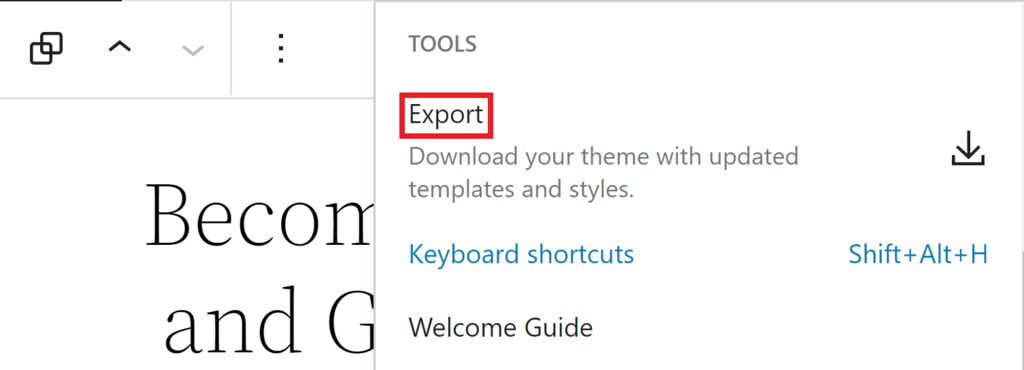 Tools menu, highlighting "Export"