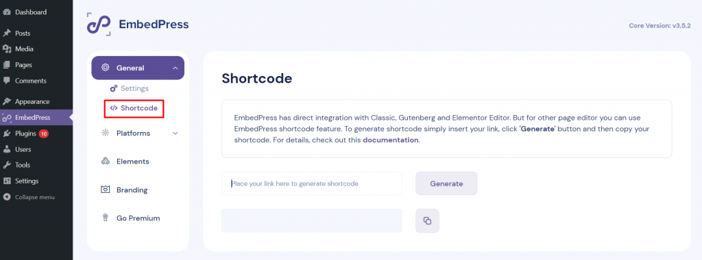 The Shortcode settings in the EmbedPress plugin settings