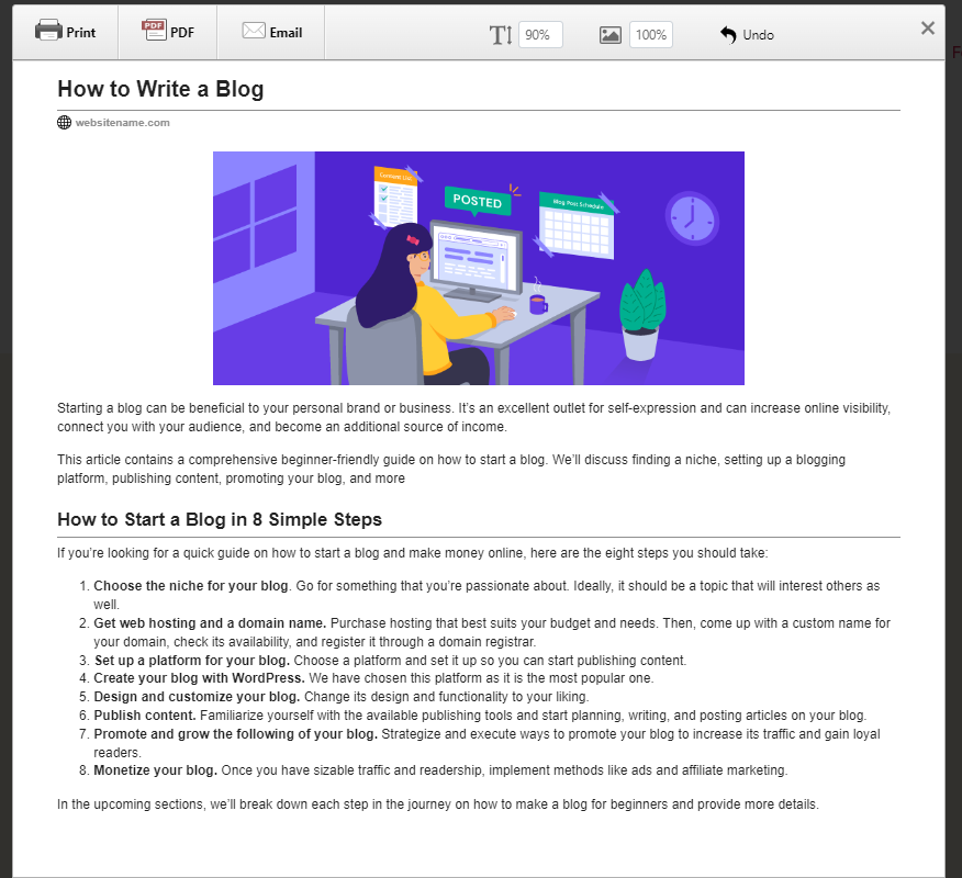 Lightbox preview of a blog post using the Printer Friendly WordPress plugin