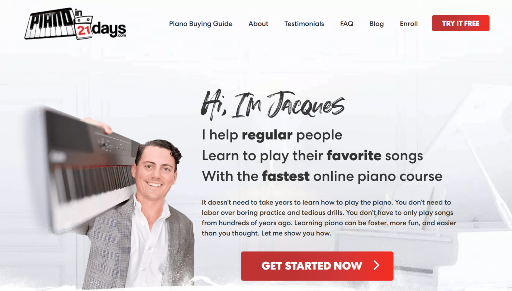 Piano in 21 Days' landing page