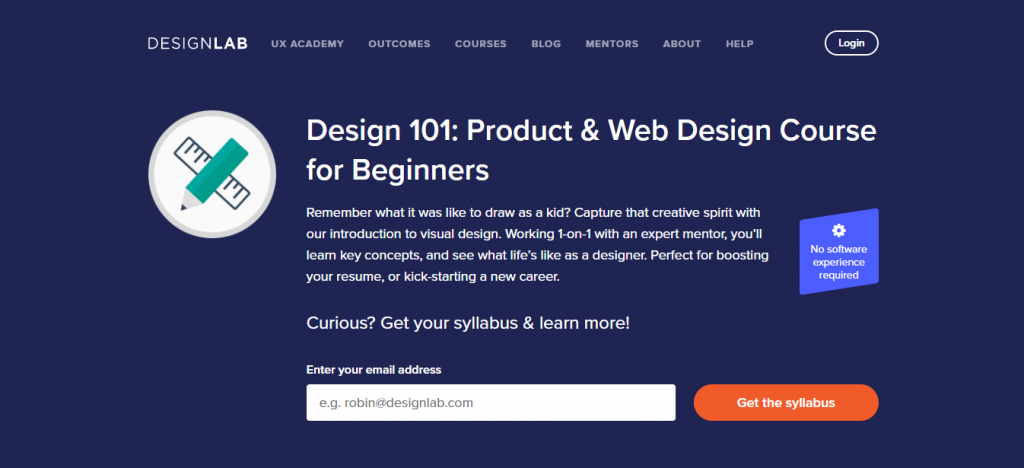 The Design 101 Product & Web Design Course for Beginners page on the Designlab website