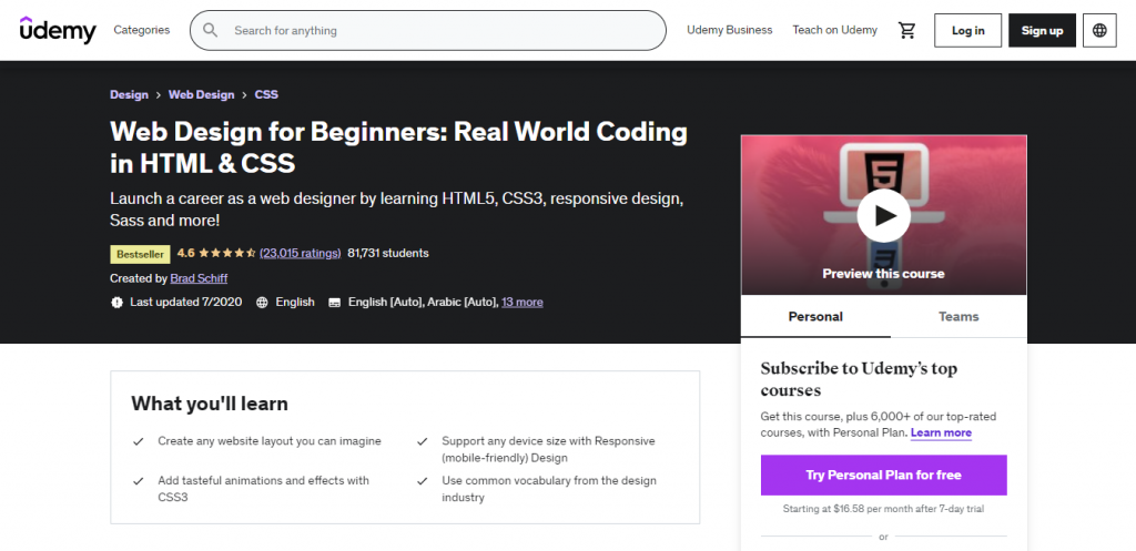 The Web Design for Beginners: Real World Coding in HTML & CSS course page on the Udemy website