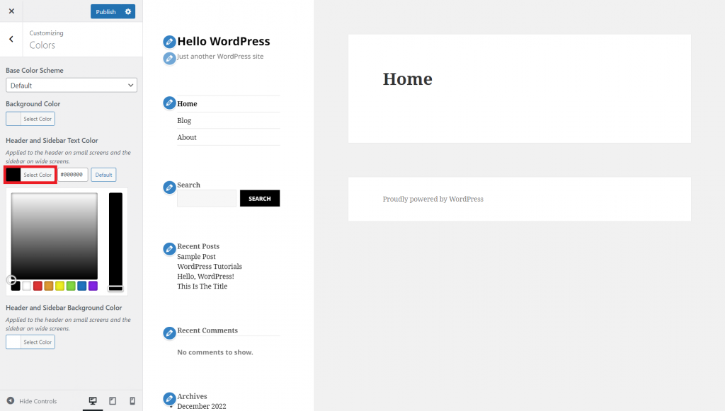 The WordPress Customizer highlighting the Text Color option under the Header and Sidebar Text Color section
