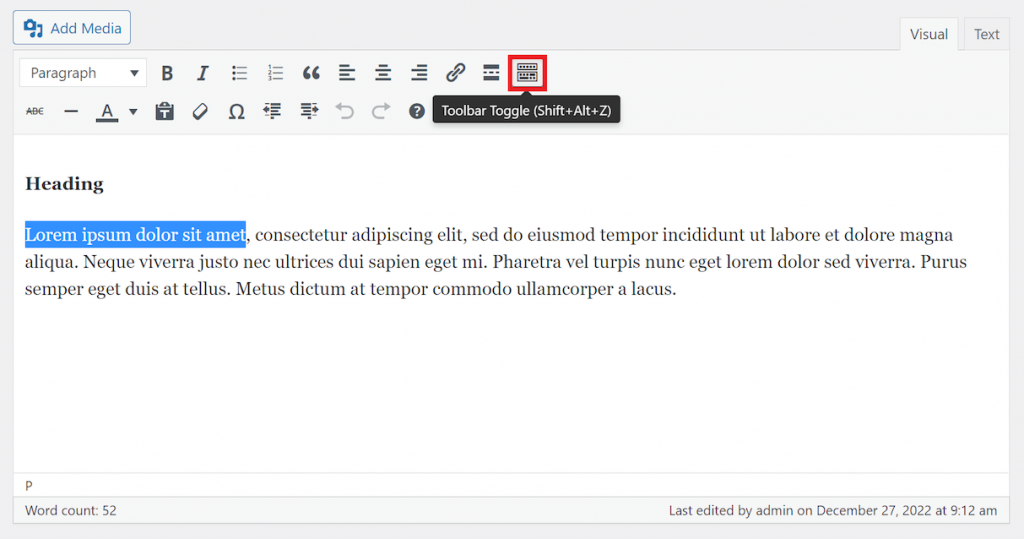 The WordPress classic editor highlighting the Toolbar Toggle button