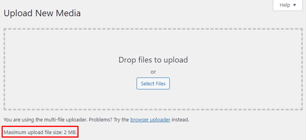 WordPress upload new media panel, with highlighted information of maximum upload file size
