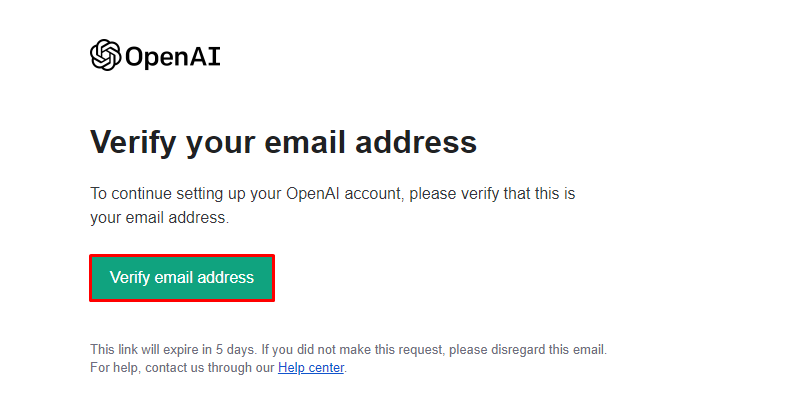 OpenAI account verification email with the Verify email address highlighted