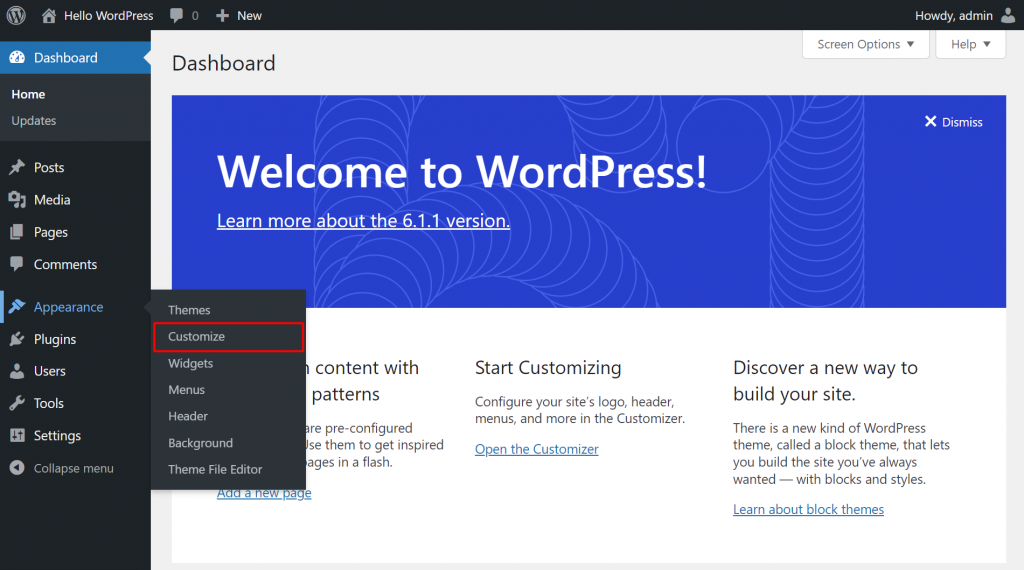 The WordPress dashboard with the Customize button highlighted