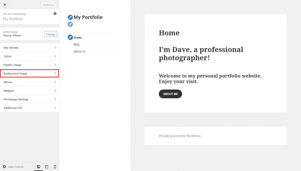 WordPress Theme Customizer highlighting the Background Image option