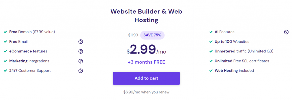  Hostinger Website Builder plan pricing and features