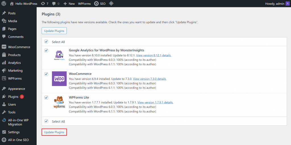 The Updates section on the WordPress admin dashboard