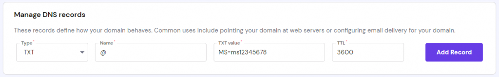 The Manage DNS records section on hPanel showing TXT record values