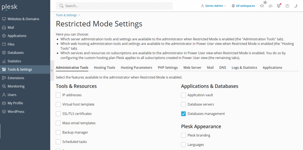 The Restricted Mode Settings configuration page in Plesk
