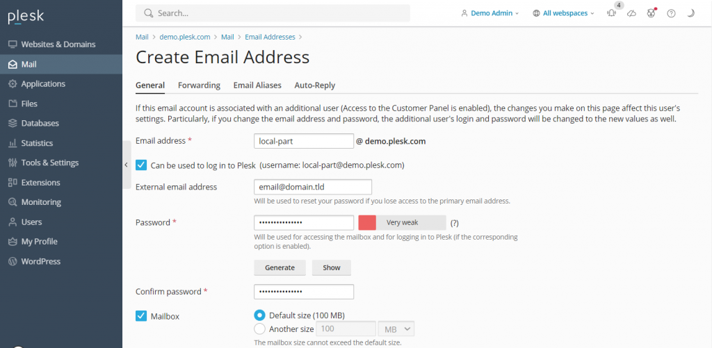 The domain-based email account creation screen in Plesk