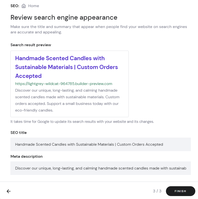 Reviewing search engine appearance on Hostinger Website Builder's SEO setting.