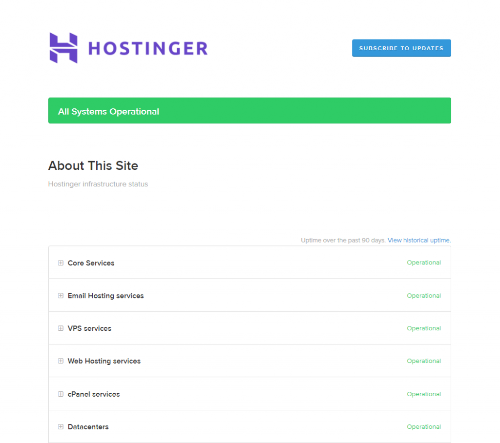 Hostinger's server uptime page, which provides information on the operational status of our infrastructure