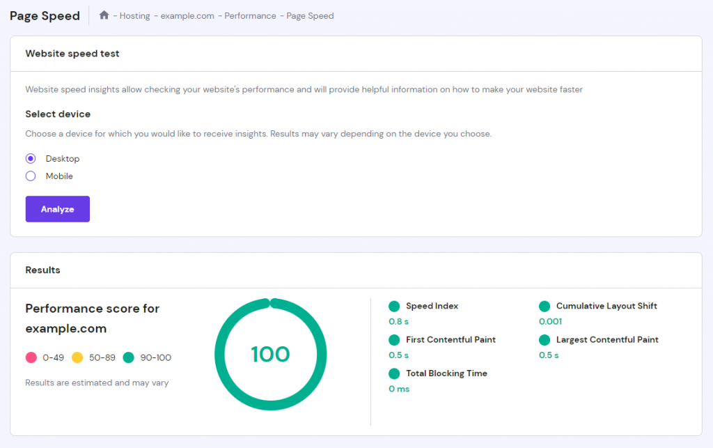 hPanel's page speed test result.