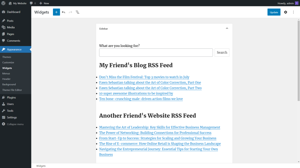 WordPress dashboard showing the Widgets screen