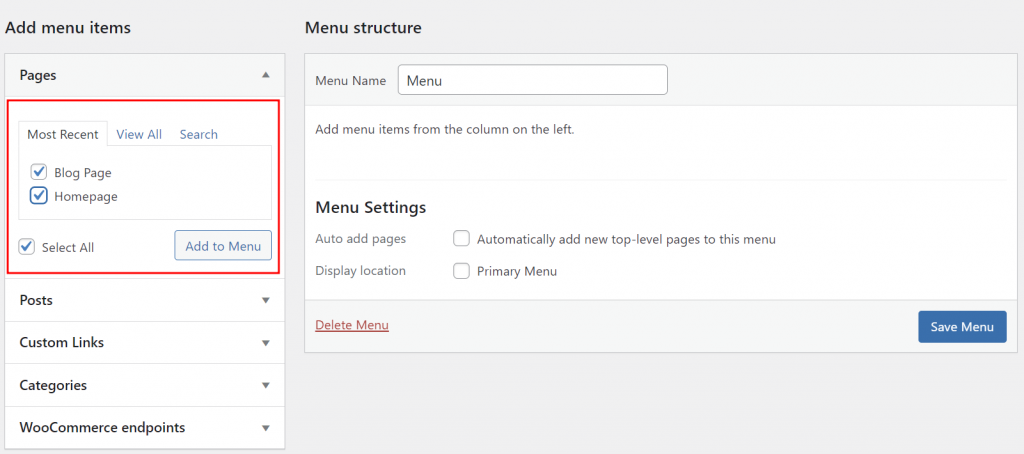 The Add menu items section in WordPress highlighting the Pages tab