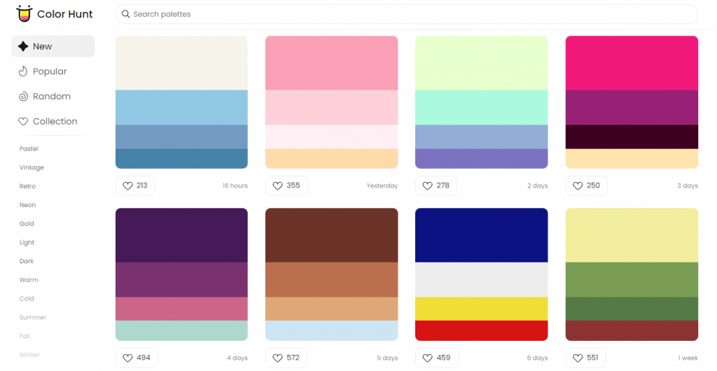 Color schemes on ColorHunt