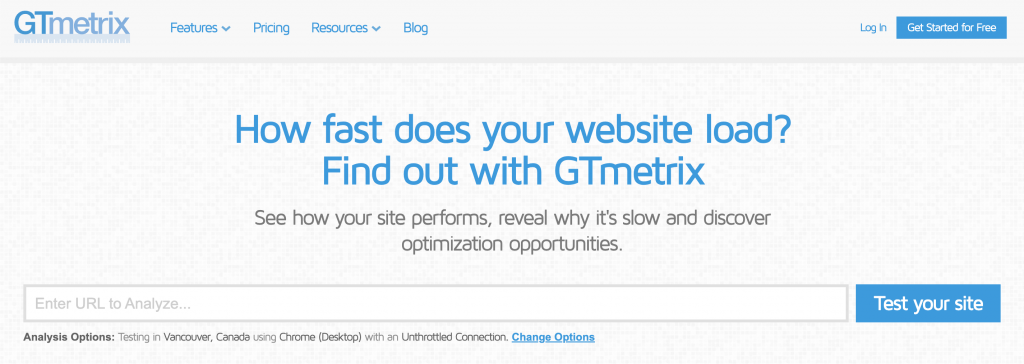 Homepage for website speed analysis tool, GTmetrix