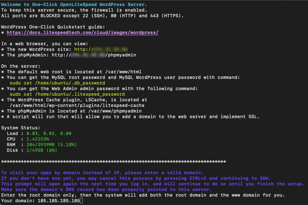 Browser terminal interactive script requests the user's VPS domain