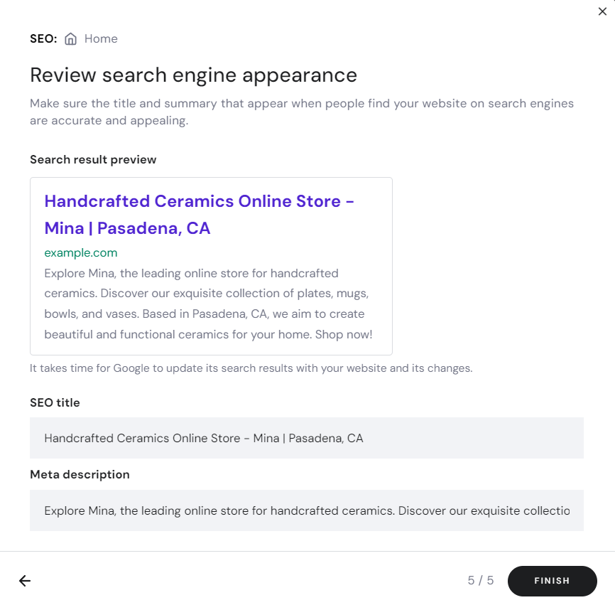 The Review search engine appearance menu on Hostinger Website Builder