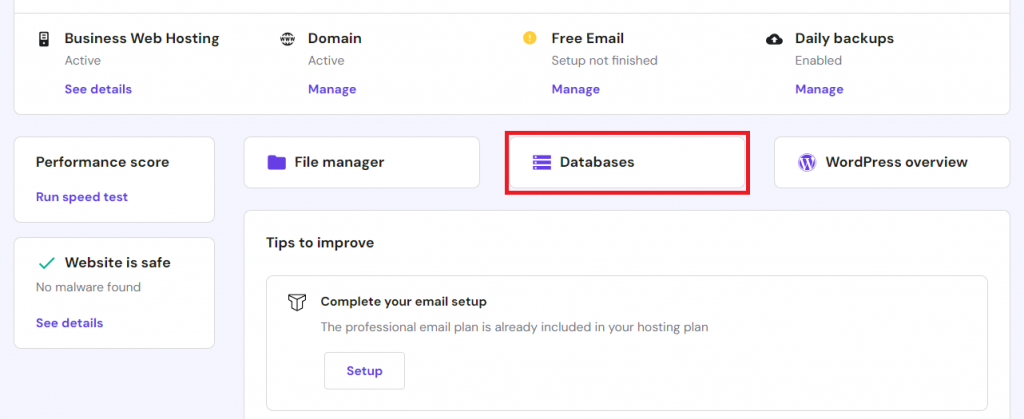 The database menu on hPanel dashboard.