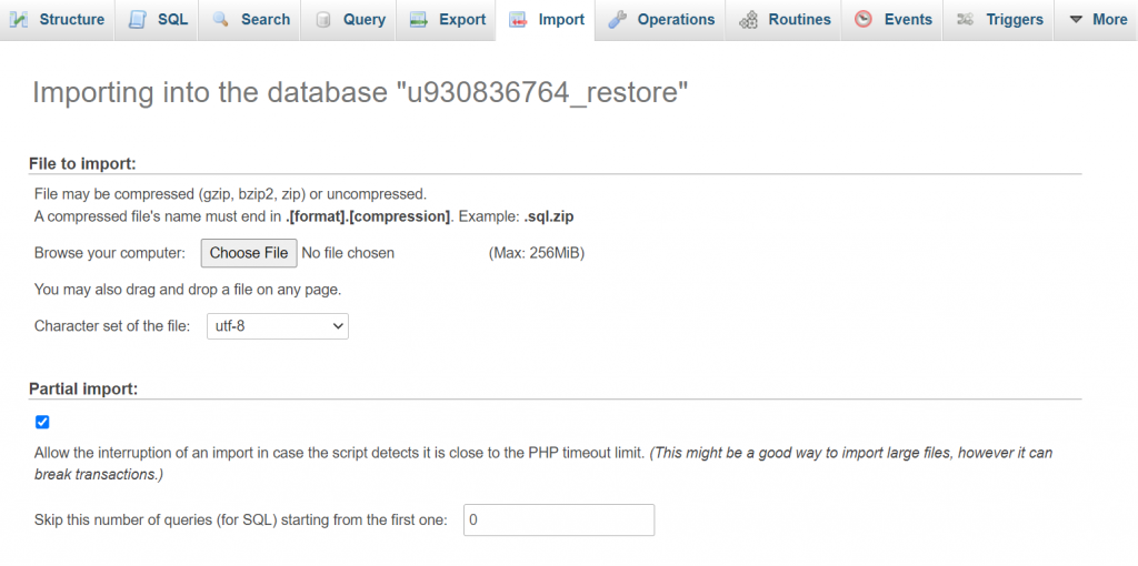 The importing database page on phpMyAdmin.