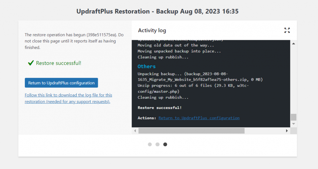 The Restore Successful page of UpdraftPlus plugin.