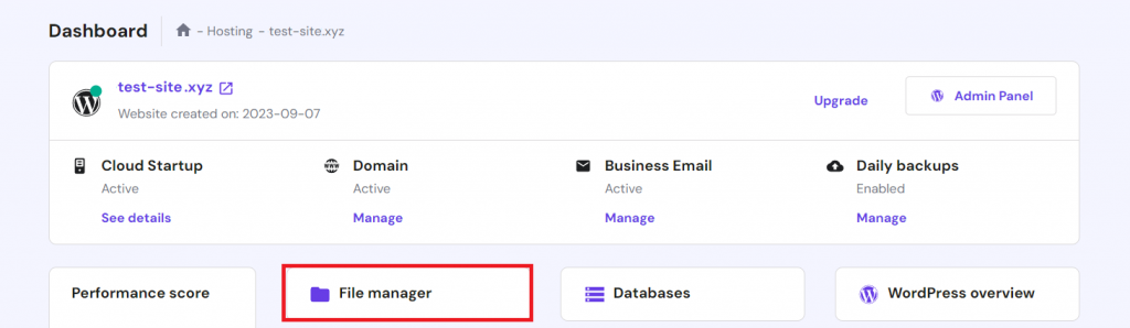 The File Manager location in hPanel's hosting management dashboard