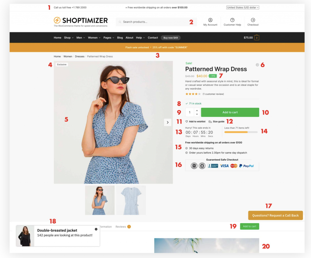 Shoptimizer product page showcasing all of the conversion features included