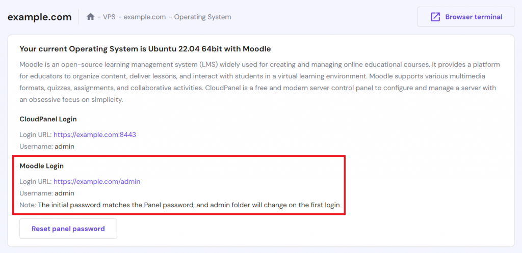Moodle login details provided on hPanel