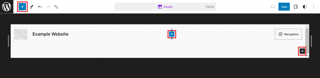 The block inserter buttons highlighted in the header editor.