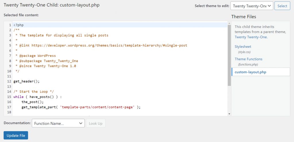 Editing the custom-layout.php file in the WordPress Theme File Editor