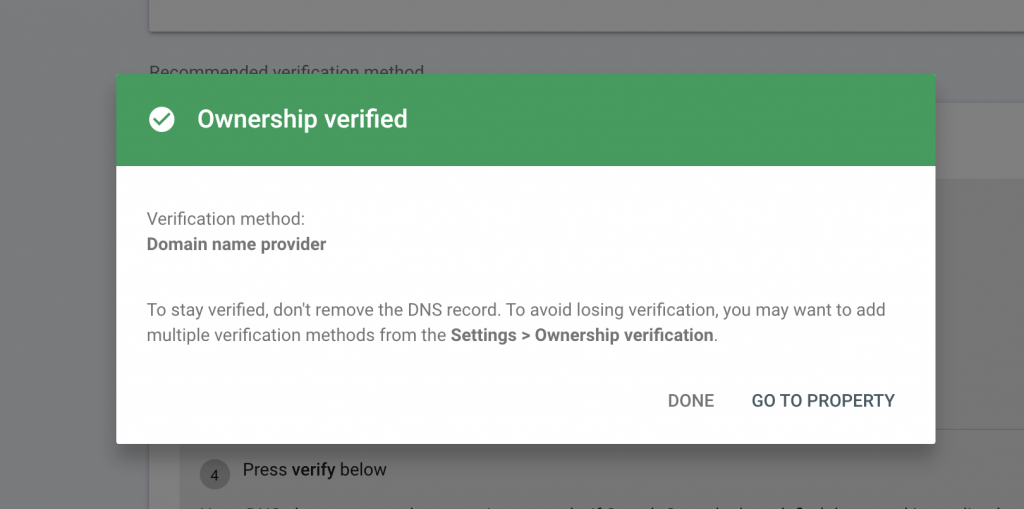 Domain name provider ownership verification confirmation