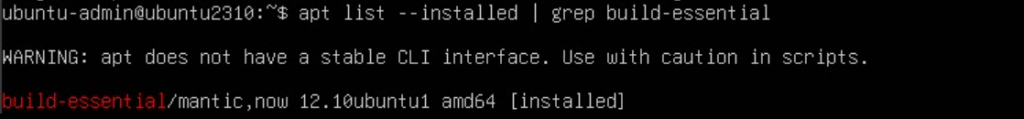 The grep command in Terminal returns the installation status of the build-essential package