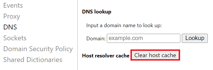 Selecting the Clear host cache button on Google Chrome