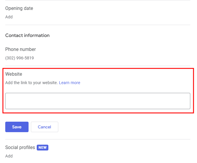 Google My Business Profile Manager, highlighting the section to edit the website link