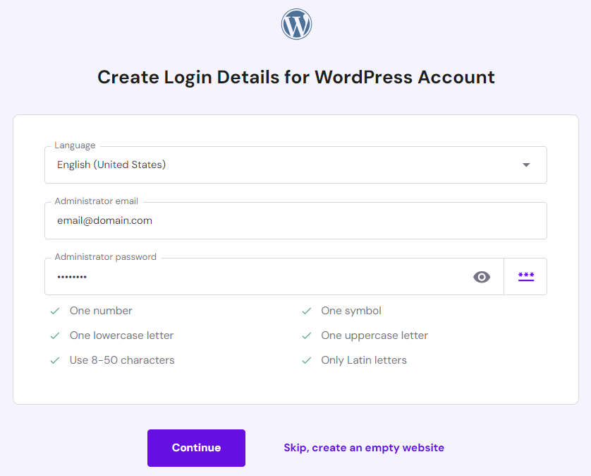 A form to input login details for the new WordPress account