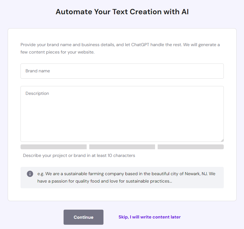 A form to enter brand name and description to assist AI in generating text for the website