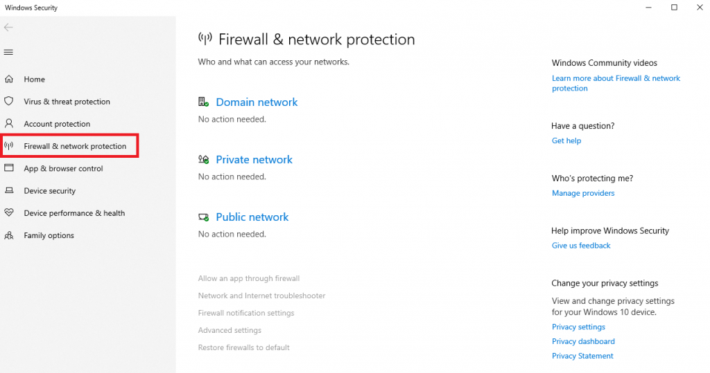 Accessing the Firewall & network protection tab on Windows 11