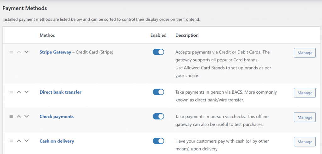 The Payment Methods section in the WooCommerce Stripe plugin dashboard