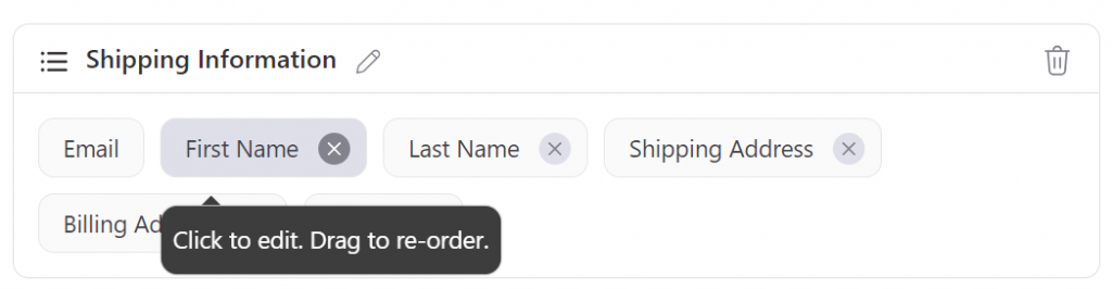 The Shipping Information section under the Design tab, with the First Name field selected